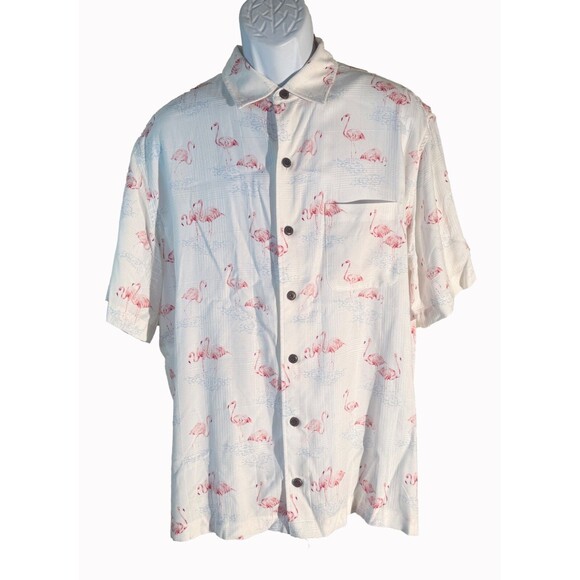 CARIBBEAN Men's Short Sleeve Button Down Flamingo Bird Shirt Large - Picture 1 of 6